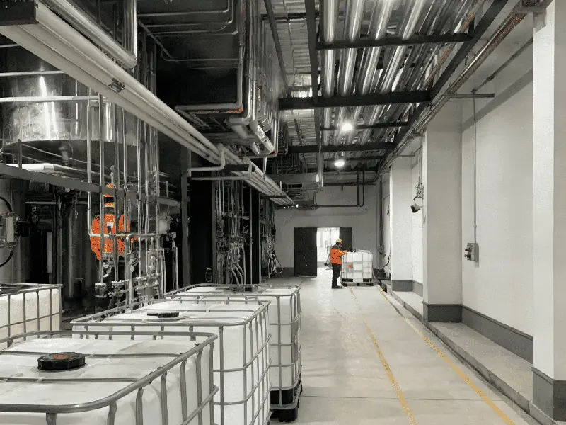 Silfluo polysilazane production line — reactor hall with IBC filling area