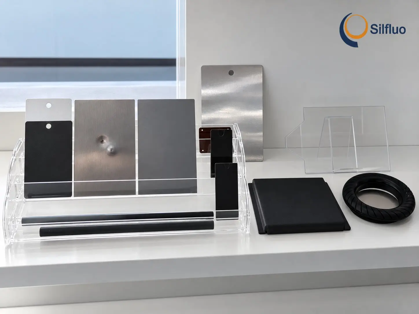 Display rack of polysilazane-coated test panels in black and grey next to bare stainless steel panels, with coated tubes and a coated plate alongside